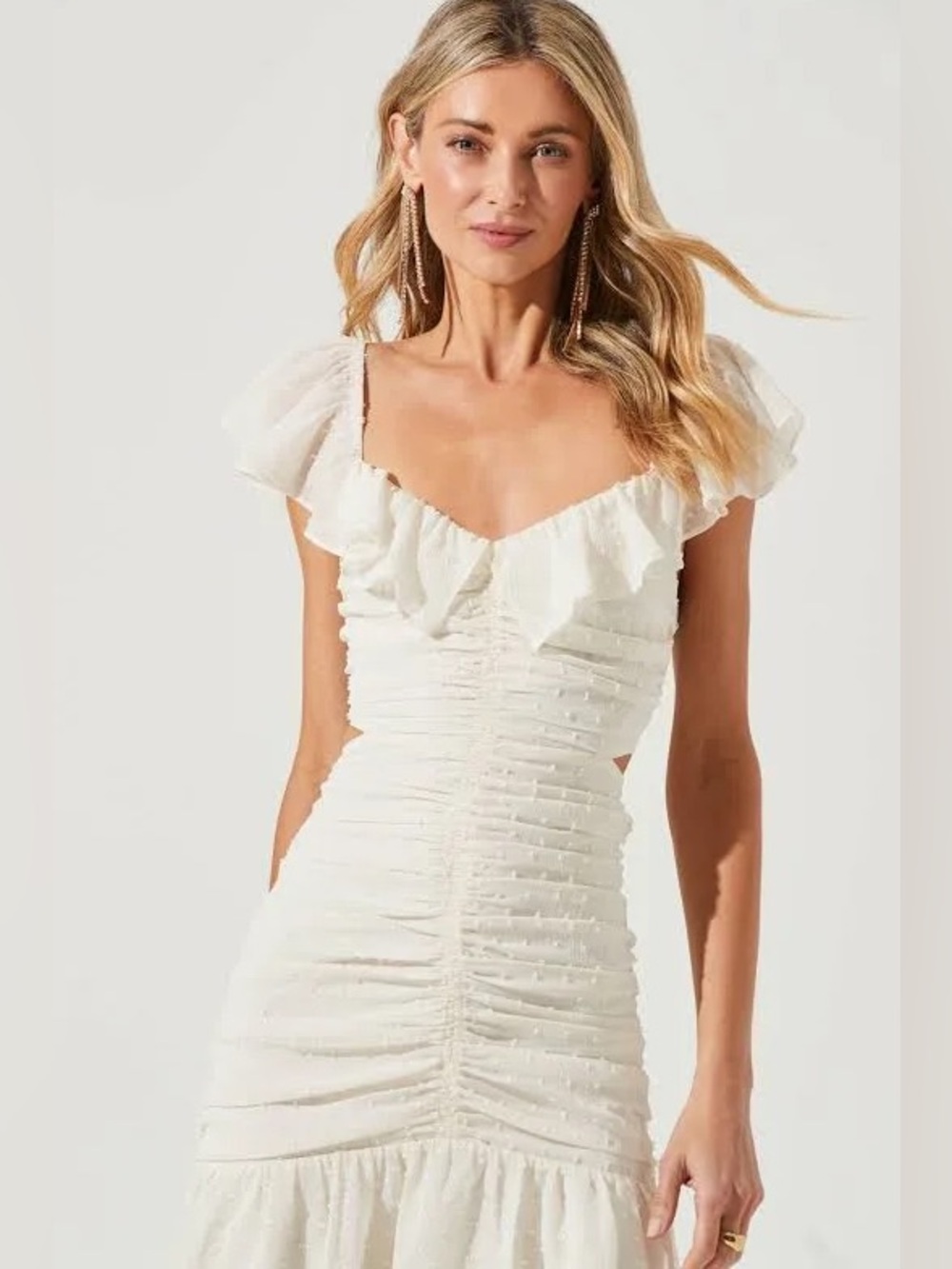 ASTR the Label Ivory White Devereaux Ruffle Ruched Flowy Mermaid Midi Dress LRG - Picture 2 of 13